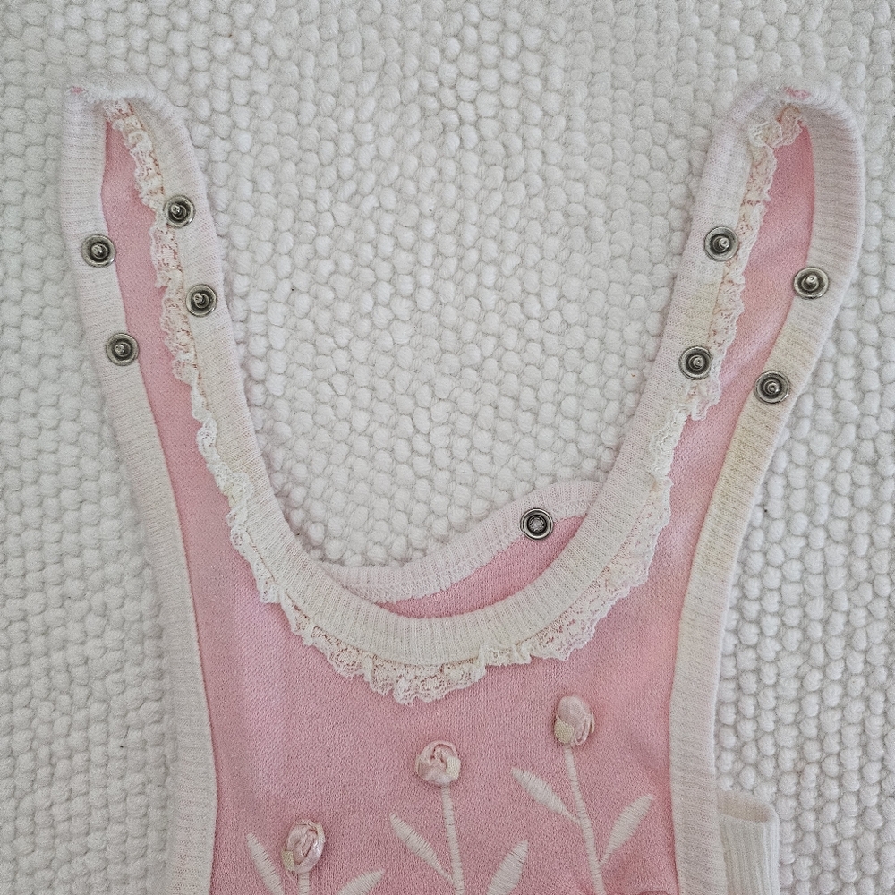 Vintage Buster Brown Baby Girl 3-6 Month Dainty Pink Lace Overall Bubble Romper - Picture 12 of 12